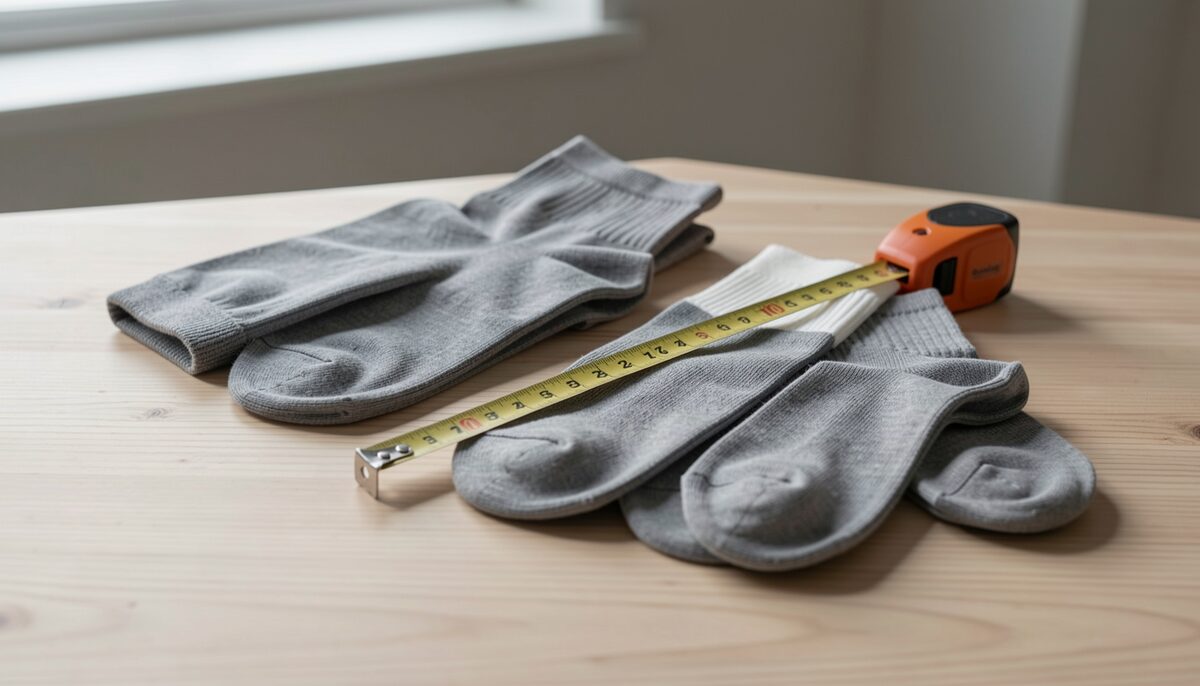 Maßband liegt neben Socken verschiedener Größen auf einem neutralen Holztisch. Illustratives Bild, mit KI generiert.