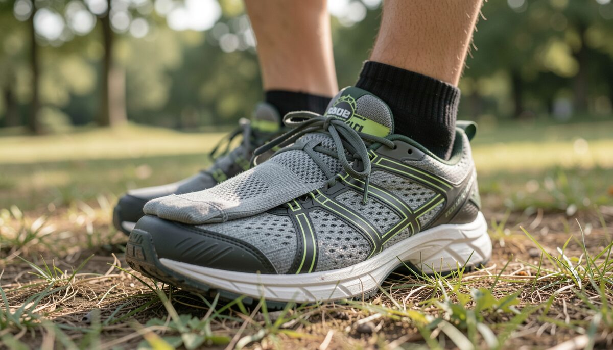 Sportsocke mit sichtbaren Belüftungszonen liegt auf einem Laufschuh im Freien. Illustratives Bild, mit KI generiert.