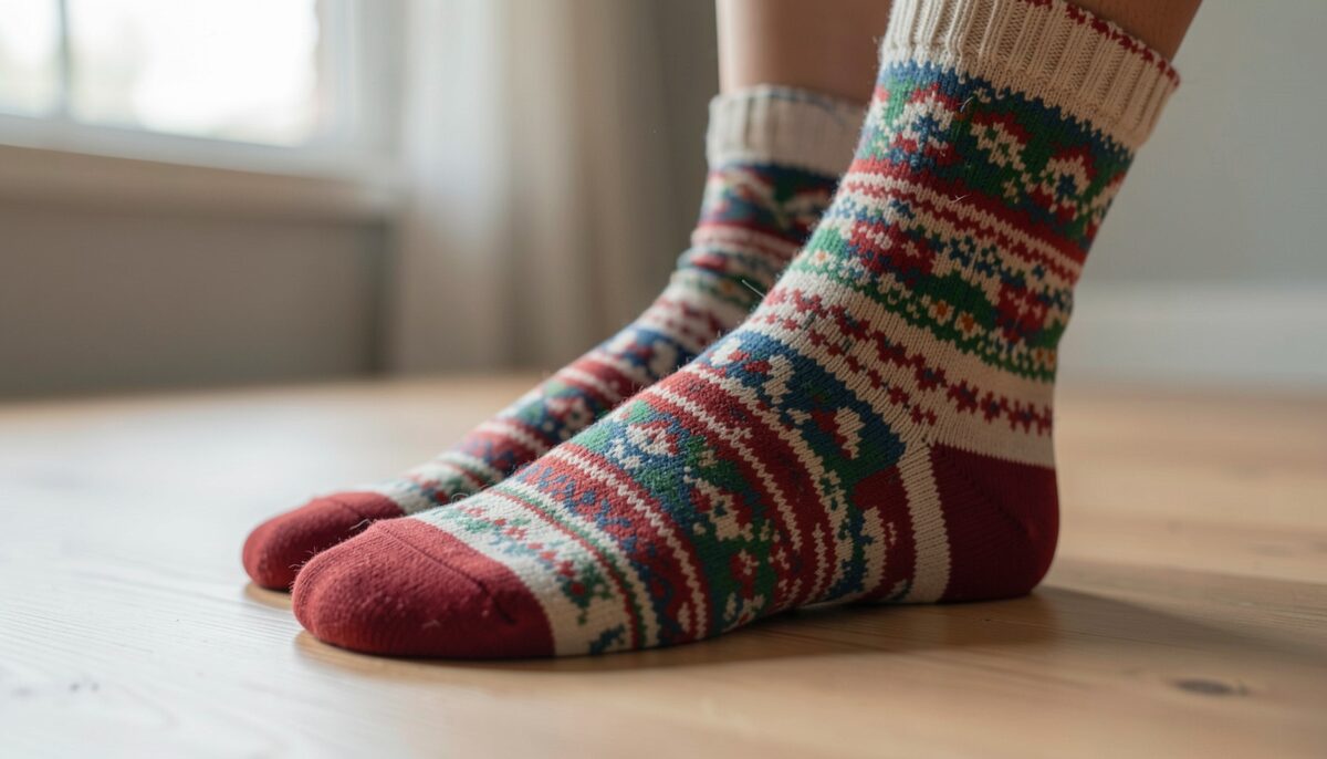 Nahaufnahme einer Socke mit eingestricktem Muster in zweifarbigem Garn. Illustratives Bild, generiert mit KI.
