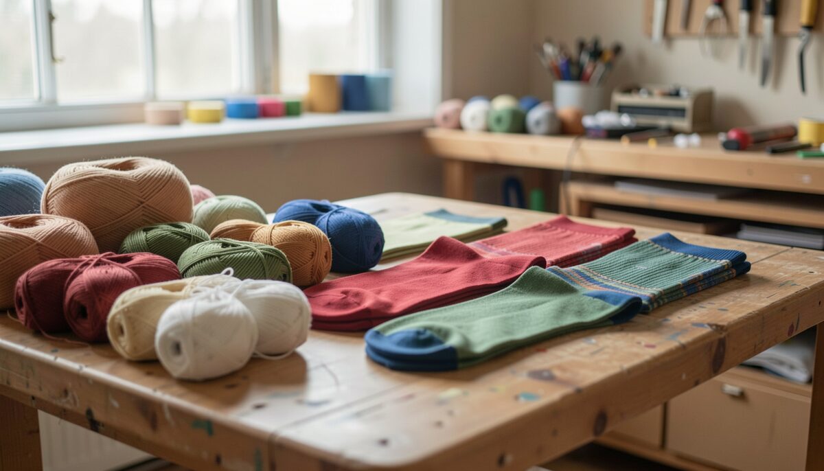 Verschiedene Garne und fertige Werbesocken auf einem Werktisch, illustrative Abbildung, mit KI erstellt.