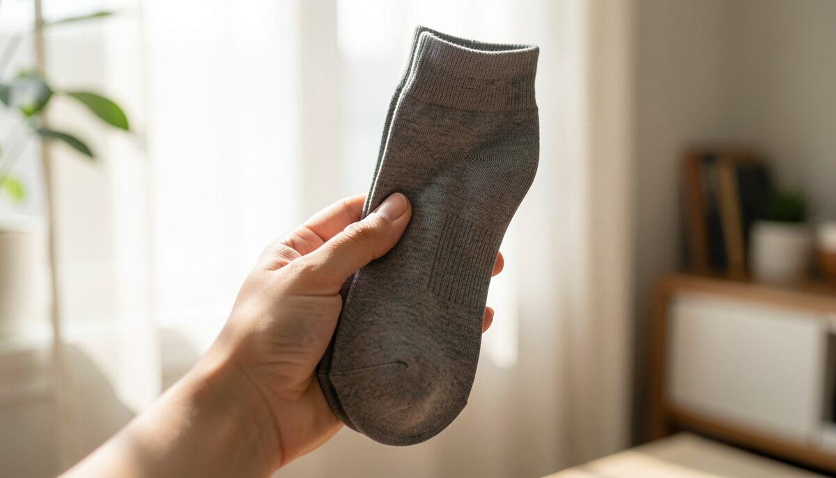 Hand hält eine Socke mit glattem Zehenbereich gegen weiches Tageslicht. Illustratives Bild, mit KI erzeugt.