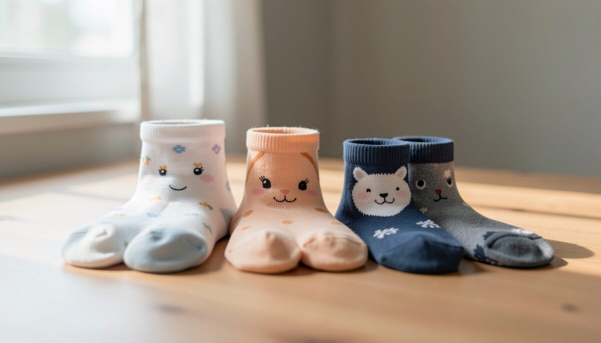 Drei Paar Socken in Baby-, Kinder- und Erwachsenengröße liegen nebeneinander. Illustratives Bild, generiert mit KI.