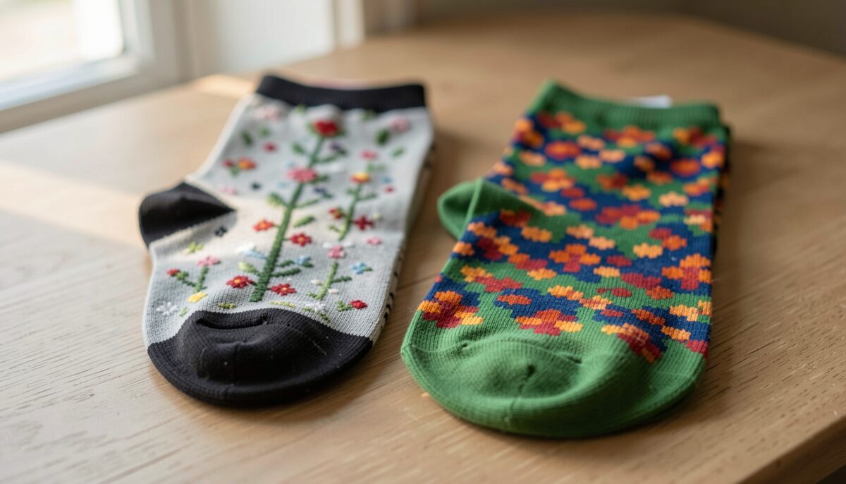 Zwei Socken liegen nebeneinander, eine mit Stickerei, eine mit farbigem Druck. Illustratives Bild, mit KI erzeugt.